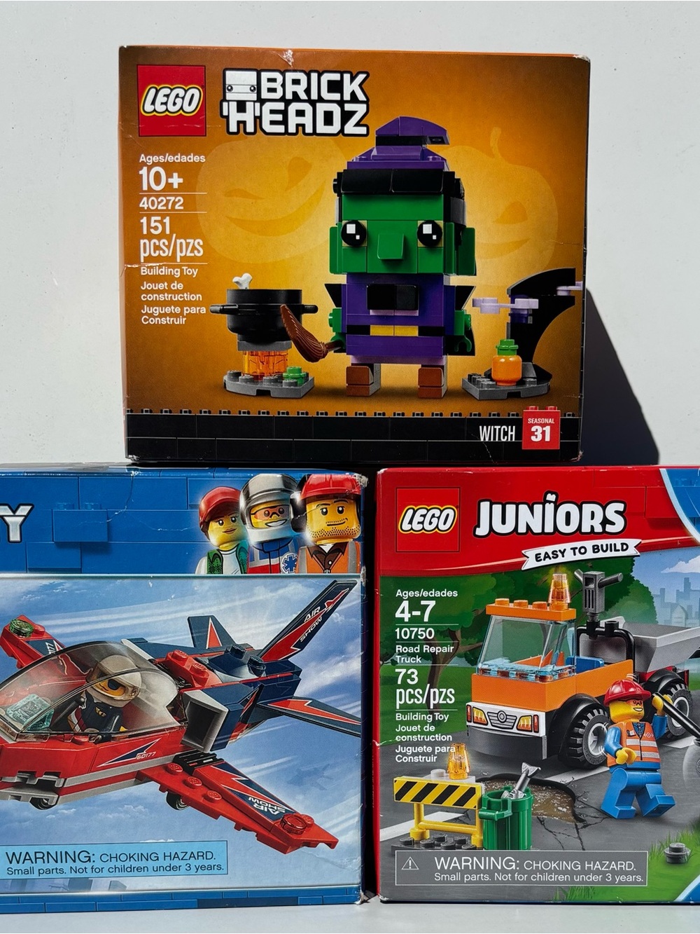 BrickHeadz 40272 Witch, Juniors 10750 Road Repair Truck, City 60177 Airshow Jet